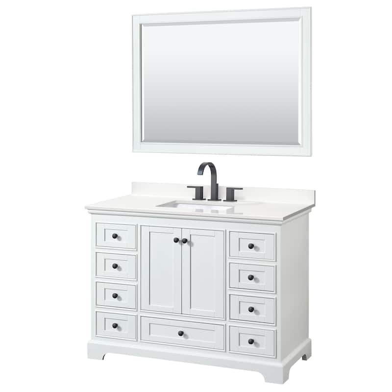 Deborah 48-inch Single Vanity, Quartz Top, 46-inch Mirror - White, Black Trim, White Quartz Top