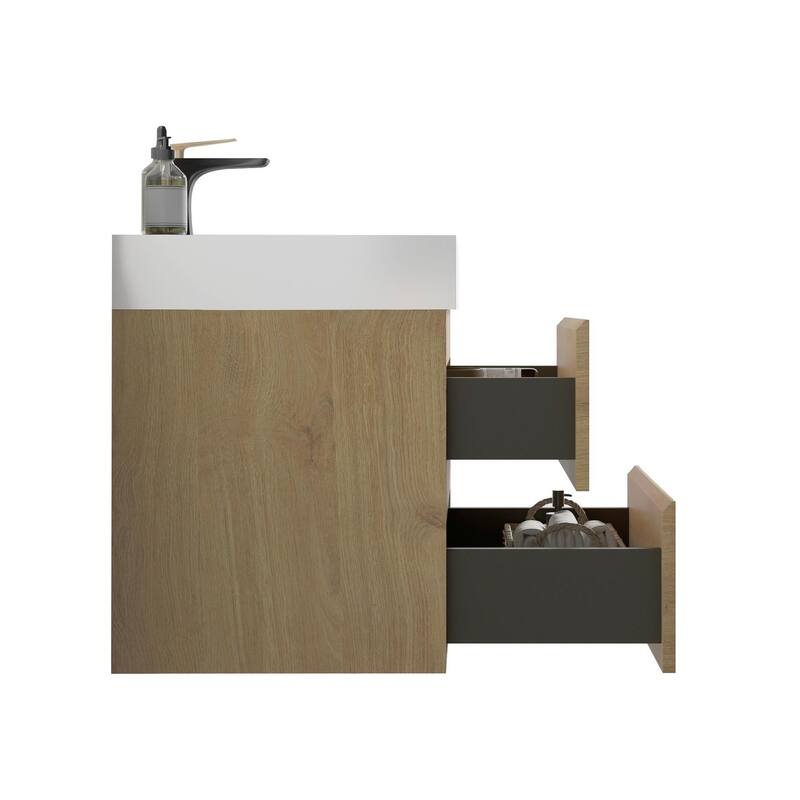 Wall-Mounted Bathroom Vanity with Solid Surface Integrated White Sink, Natural Oak Finish, Maximized Storage Drawers