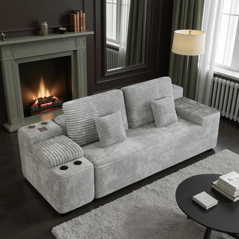 150" U-Shaped 5-Piece Sectional Sofa with 2 Ottomans, Wireless Charging Console, Plush Corduroy Fabric for Living Room