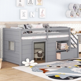Kids Loft Bed Twin Size, Solid Wood Low Loft Bed Frame with Storage Stairs and Drawer, Modern Farmhouse Loft Bed for Boys Girls