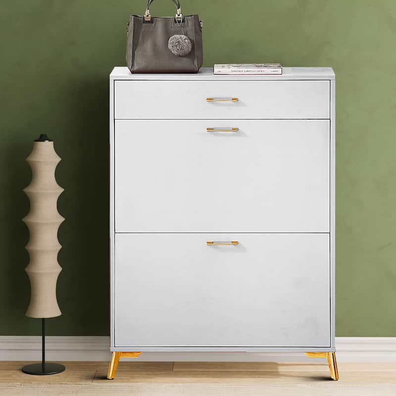 Modern Stylish Wooden Shoe Storage Cabinet with Gold Metal Handles and Legs - White