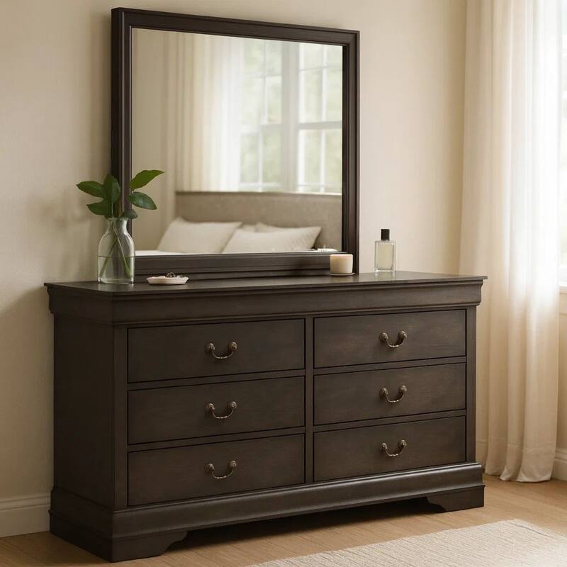Transitional Wooden Dresser with 6 Drawers and Metal Handles, Gray