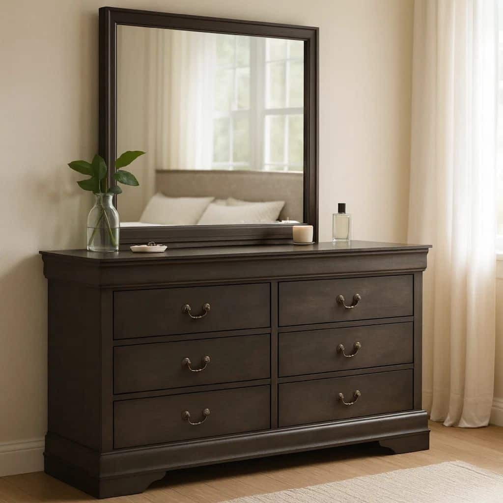 Transitional Wooden Dresser with 6 Drawers and Metal Handles, Gray