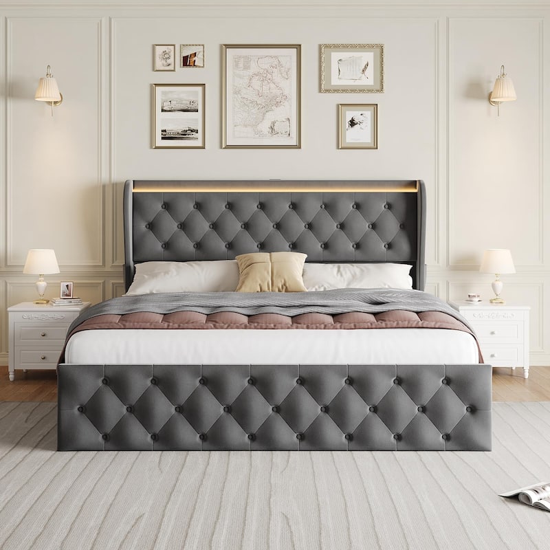 Velvet Upholstered Bed Frame with Wingback Headboard - 4 Storage Drawer - King
