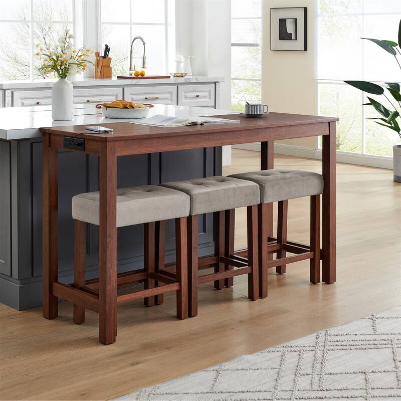 59" Counter Height Bar Table Set with Power Outlet, Industrial Breakfast Table with 3 Stools, 4 Piece Bar Table and Chairs Set