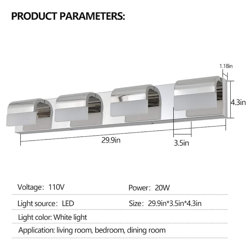 Modern Bathroom Vanity Lighting 4-Light LED Vanity Lights Over Mirror Bath Wall Lighting - Chrome