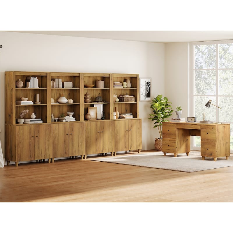 WAMPAT Home Office Furniture Set, 58" Executive Desk with Drawers, 4-Column 71" Tall Bookcase with Doors and Adjustable Shelves - Dark Brown Wood