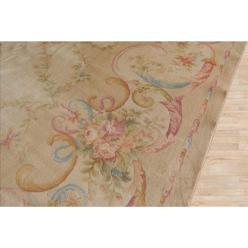 12x18 Hand Knotted Beige Silk Traditional Plush Pile Aubusson Savonnerie Rug - 12' x 18'
