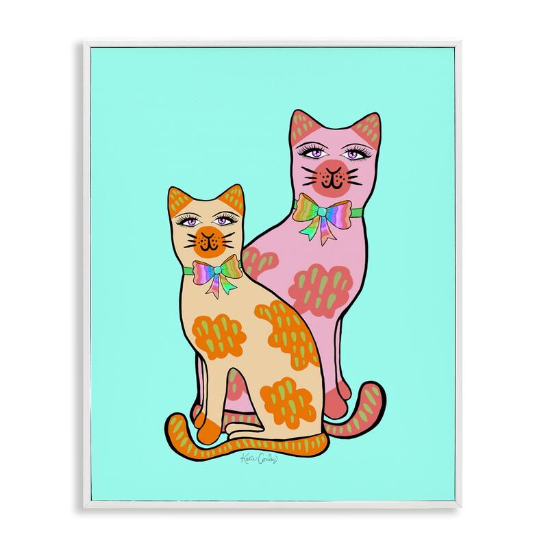 Stupell Funky Cats on Turquoise Framed Giclee Art Design By Katie Conley - 16 x 20 - White