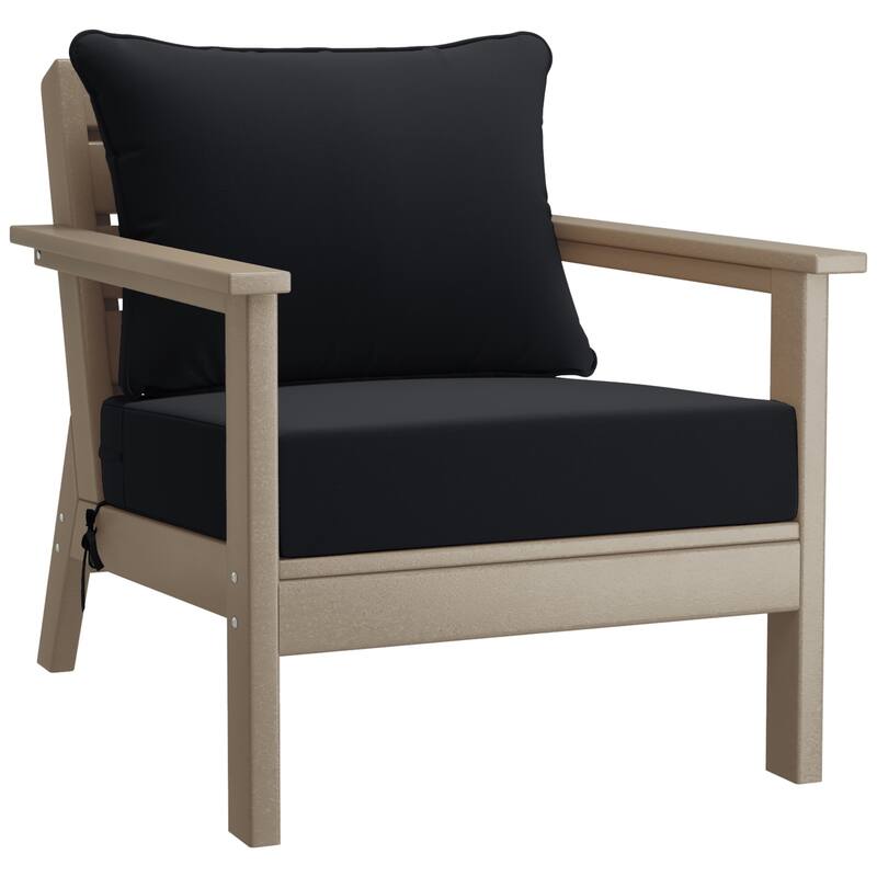 Birchwood All Weather HDPE Outdoor Patio Deep Seating Weathered Wood Club Chair With Cushions (1-Piece)