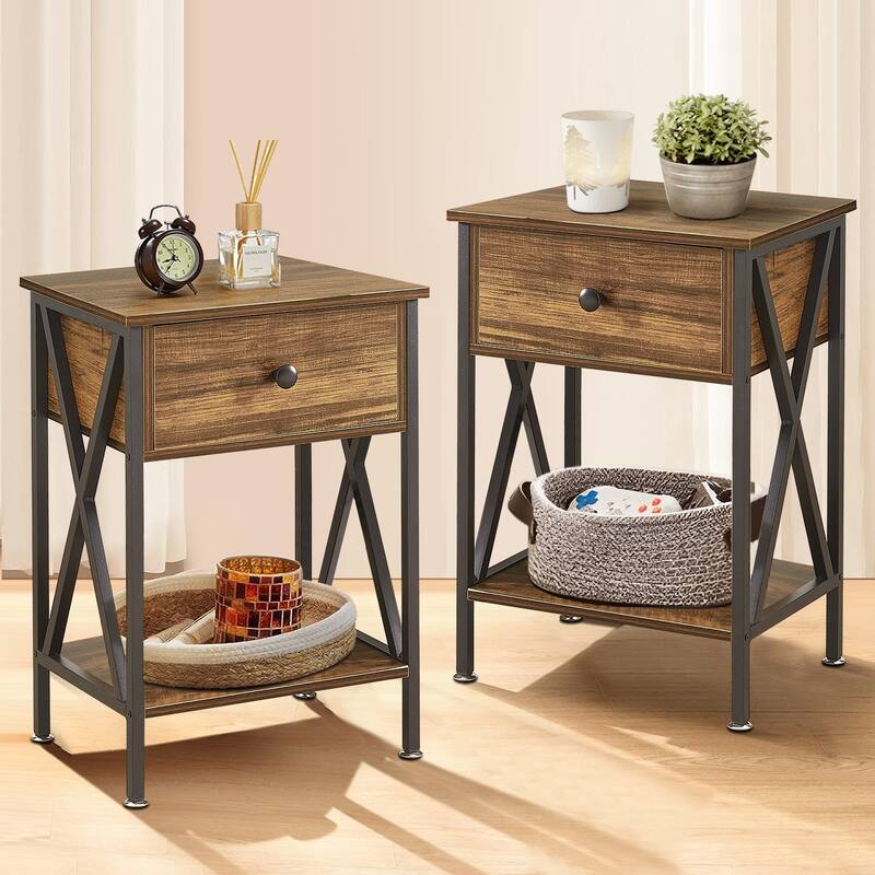 Javlergo Set of 2 Nightstand with 1 Drawer and Storage Shelf End Table Bedside Table for Bedroom Living room Office