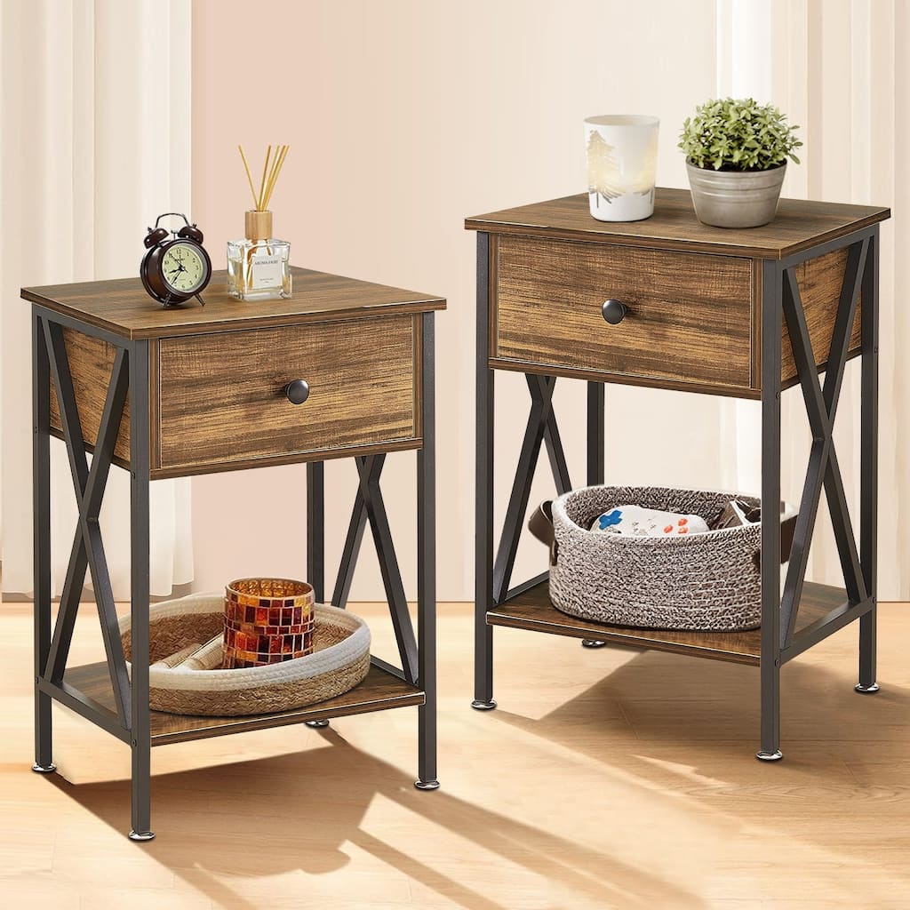 Javlergo Set of 2 Nightstand with 1 Drawer and Storage Shelf End Table Bedside Table for Bedroom Living room Office