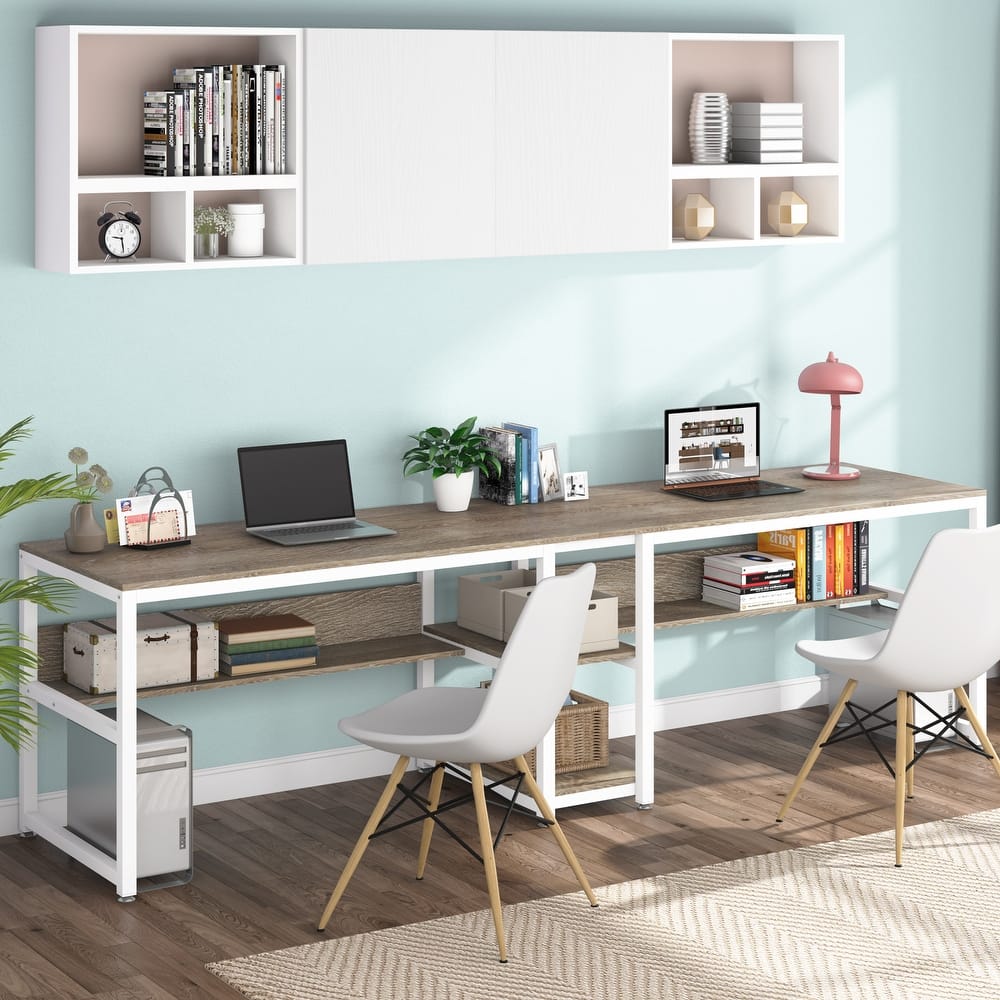 Two Person Desk with Bookshelf, Double Office Desk