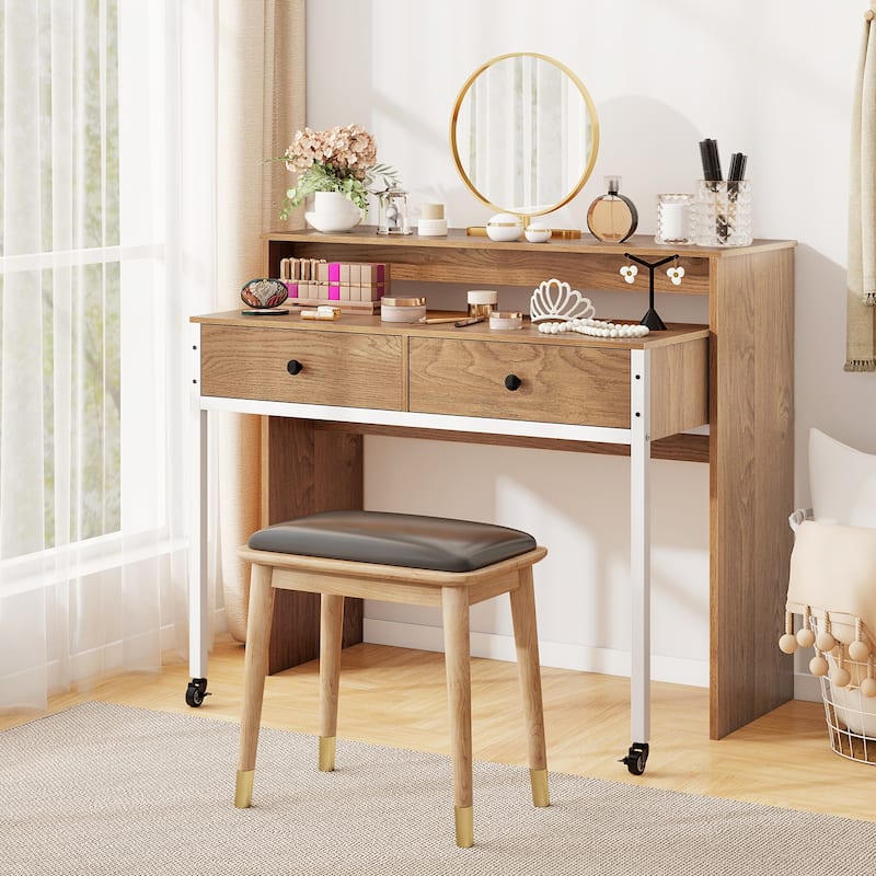 Gymax Extendable Computer Desk w/ 2 Storage Drawers & Monitor Shelf