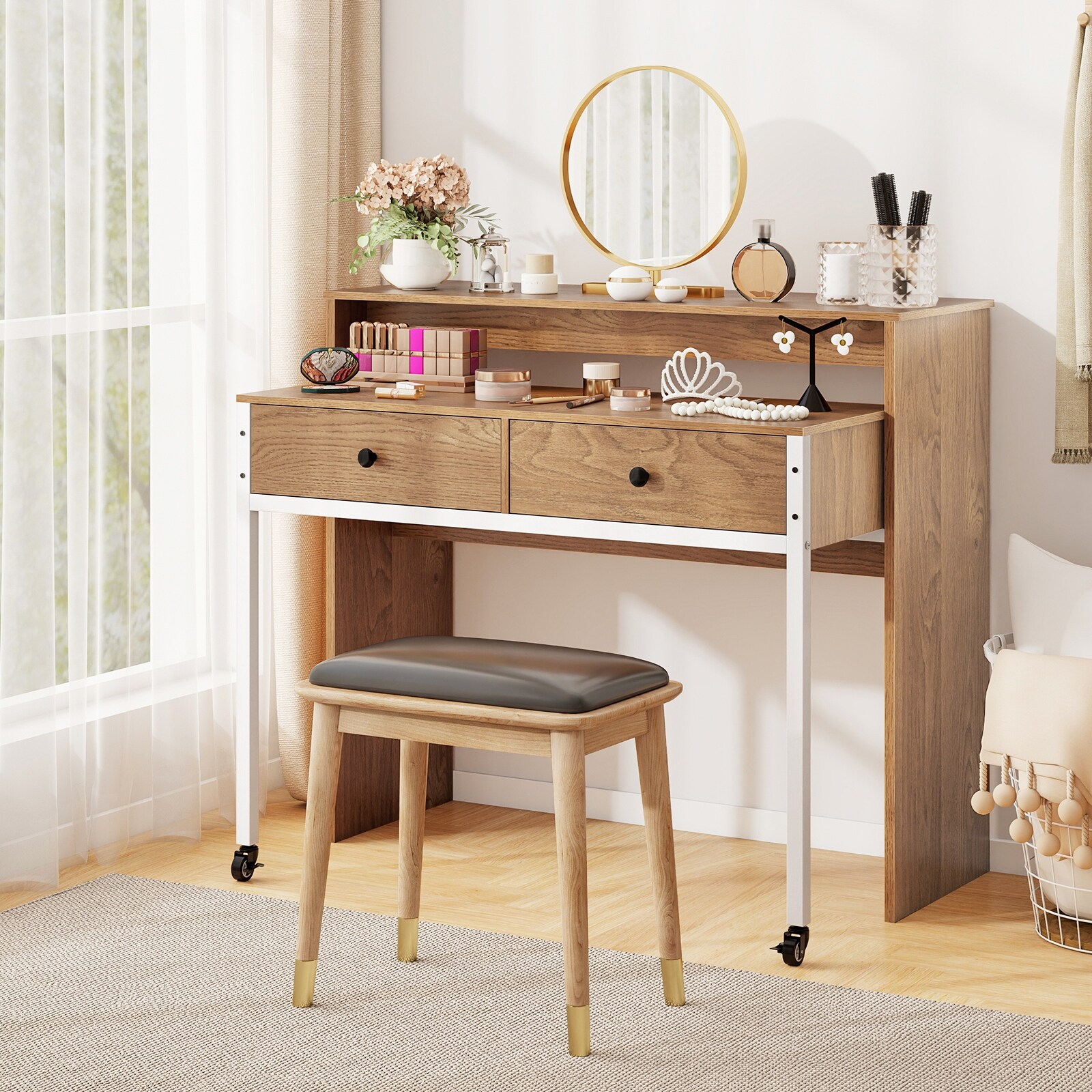 Gymax Extendable Computer Desk w/ 2 Storage Drawers & Monitor
