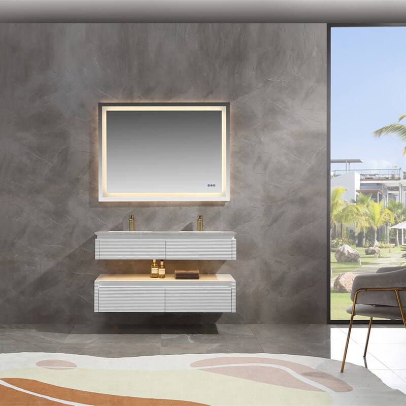 48 Inch Solid Wood Wall-Mounted Bathroom Vanity Set in Green/ White with Engineered Stone Top and Ceramic Sink - White