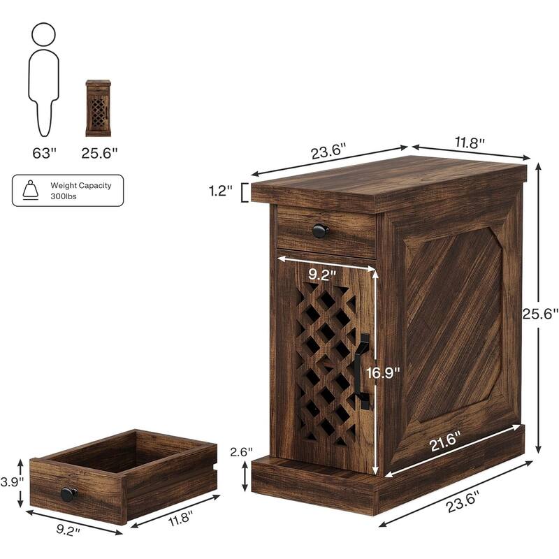 Narrow End Table with Drawer & Cabinet, 11.8" Slim Nightstand for Small Spaces, Farmhouse Side Table with Storage Shelf
