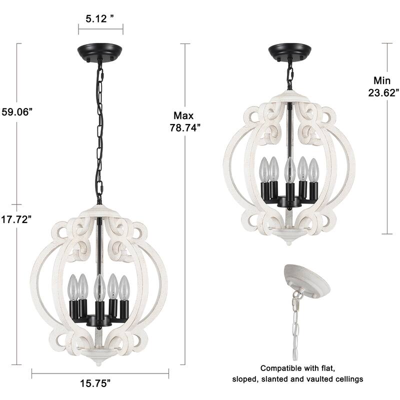 15.75“ 5-Light Rustic Pendant Light, Wood Ceiling Light Farmhouse Shabby Chic Chandelier, Classic Semi Flush Mount Chandelier