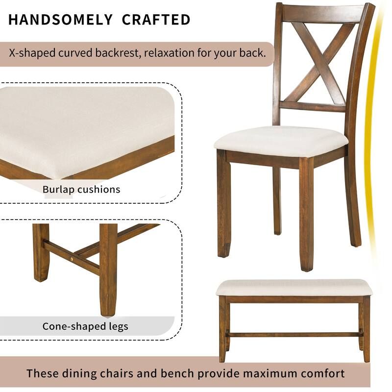 Traditional 6-Piece Wooden Dining Table Set with 4 Upholstered Chairs and Bench