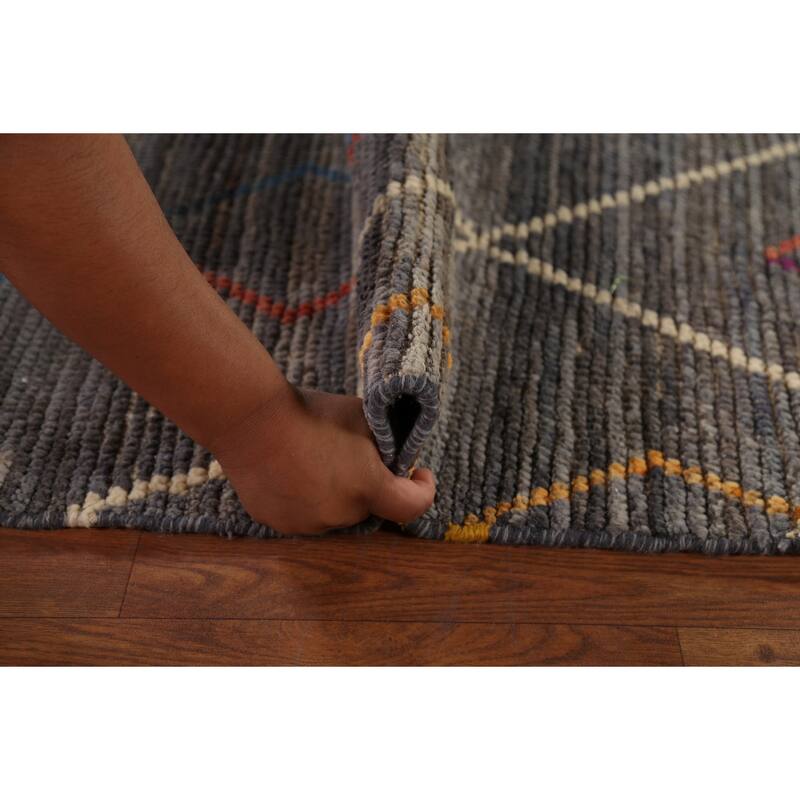 Gray & Blue Trellis Moroccan Area Rug Hand-Knotted Wool Carpet - 8'10"x 12'7"