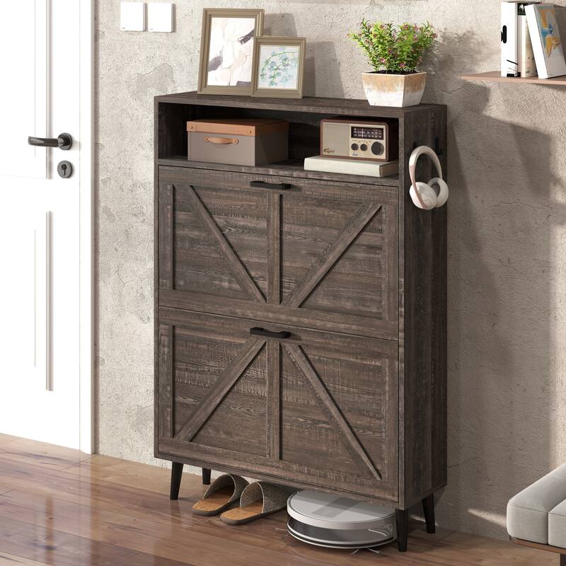 GDFStudio - Charlotte Farmhouse Shoe Storage Cabinet with Barn Door Elegance and Smart Organization