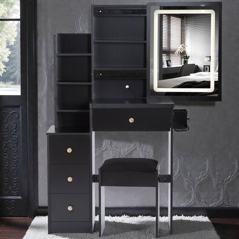 Small Vanity Table with Sliding LED Mirror, 2 AC & 2 USB Charging Station, Hair Dryer Holder & Stool for Bedroom