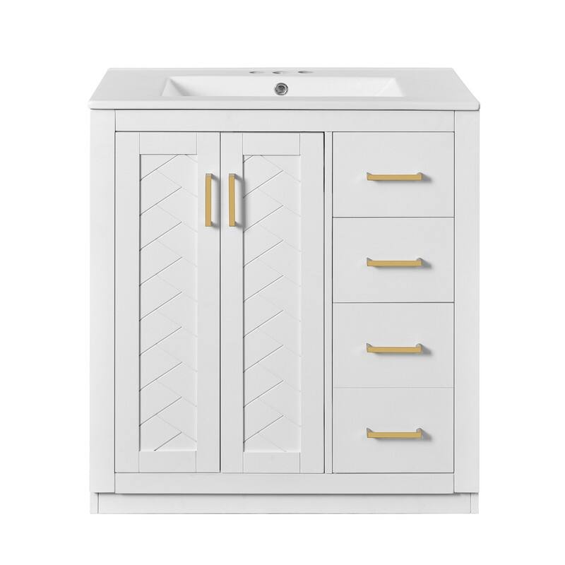 30-Inch Freestanding Bathroom Vanity Set - Features Ceramic Sink Combo, Solid Wood Frame & 3 Soft-Close Drawers - White