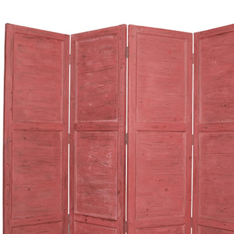 Wooden 4 Panel Foldable Floor Screen with Textured Panels, Red