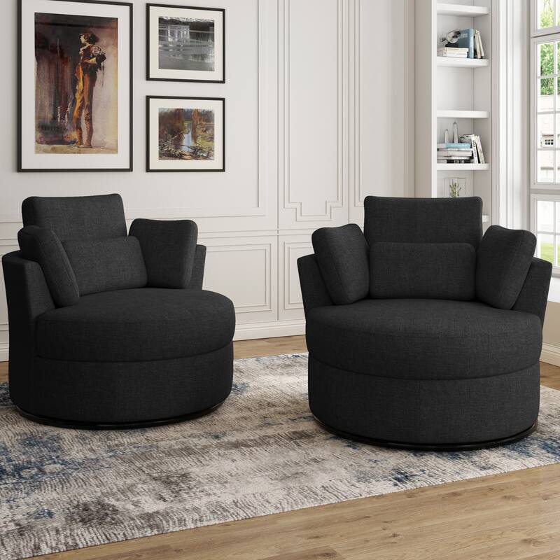 Upholstered Swivel Barrel Armchair with Storage Ottoman (Set of 2)