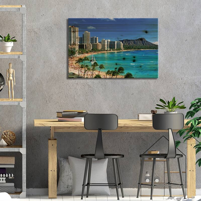 Palm Trees On The Beach, Diamond Head, Waikiki Beach, Oahu, Honolulu, Hawaii, USA Print On Wood by Panoramic Images