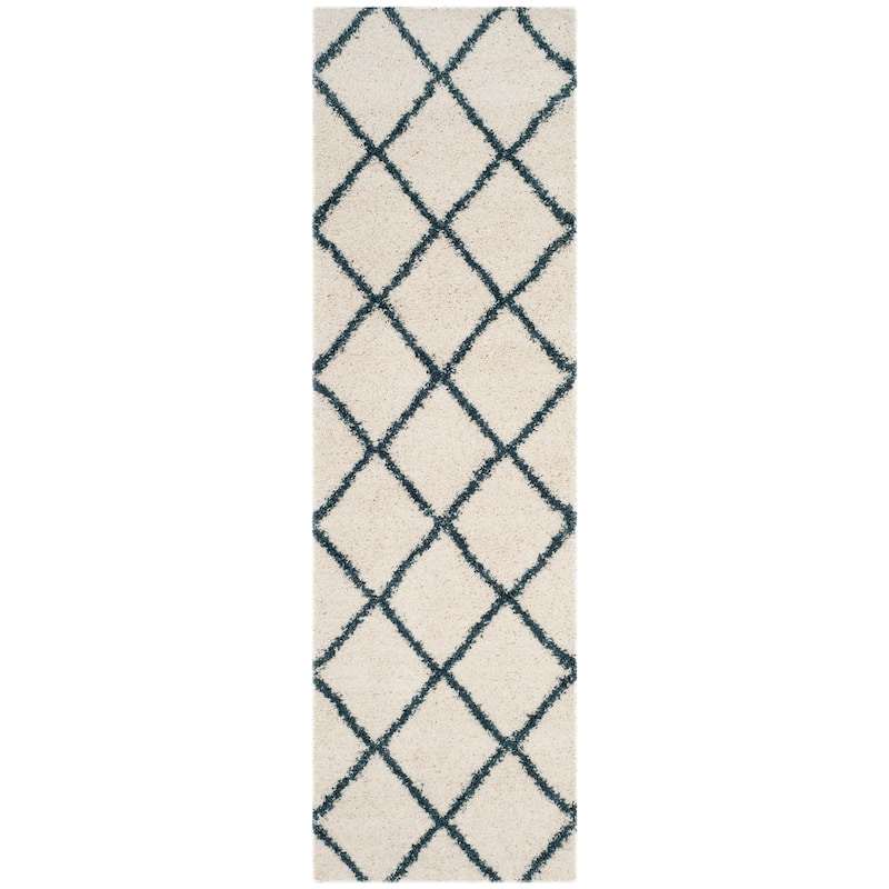 SAFAVIEH Hudson Shag Estella Diamond Trellis 2-inch Thick Rug - 2'3" x 6' Runner - Ivory/Steel Blue - Runner
