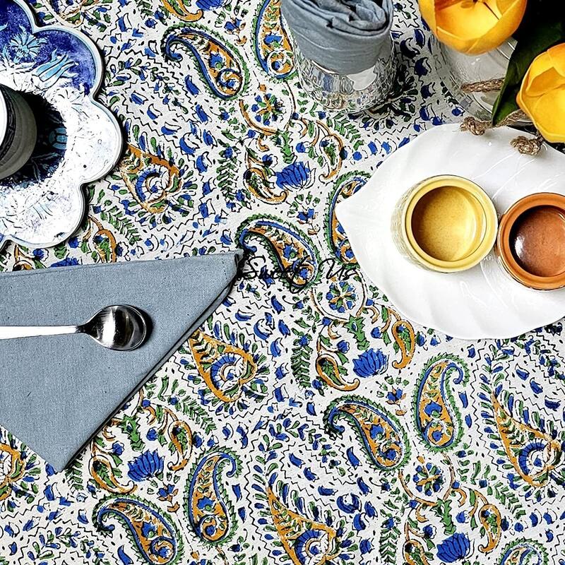 Block Print Cotton Paisley Floral Tablecloth Round Square