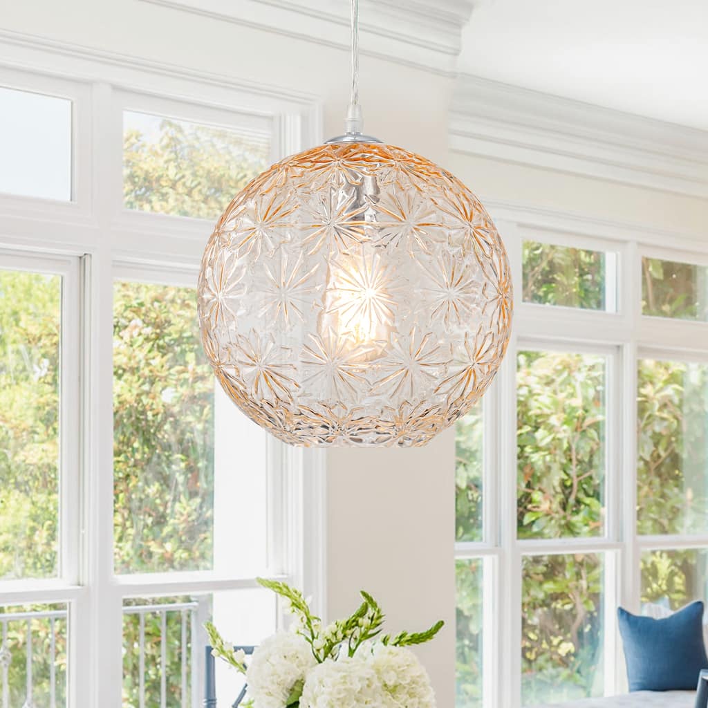 9.84 inch Cognac Etched Glass Globe Pendant Light Hanging Ceiling - 9.8 inch