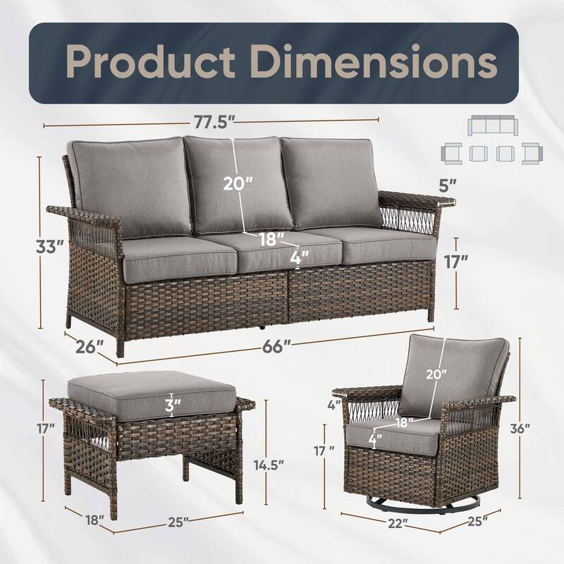 Pocassy Outdoor Swivel Chairs with Sofa Chair Ottoman and Table Set