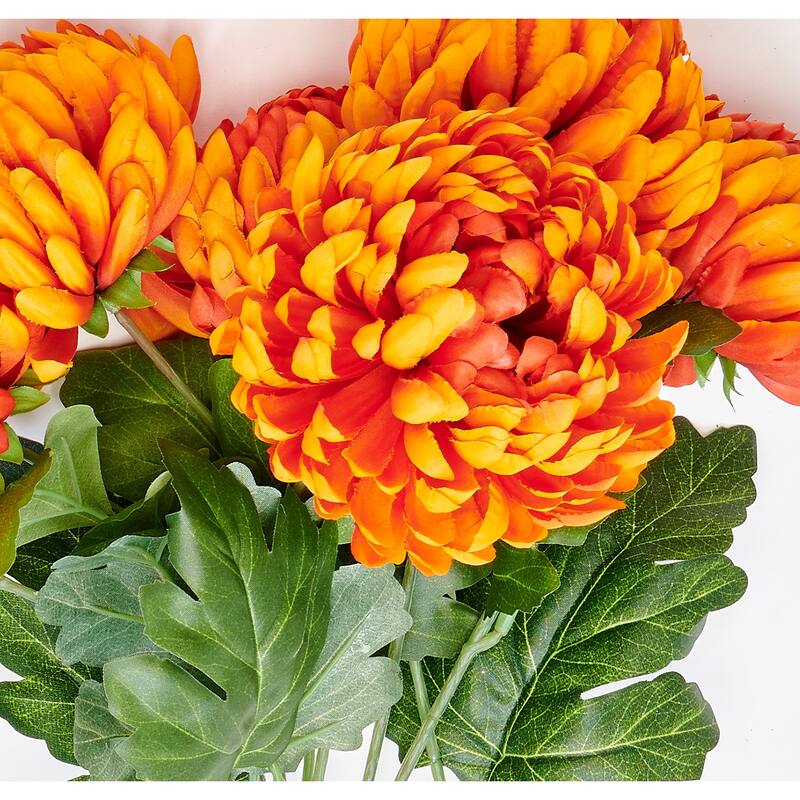 18" Artificial Chrysanthemum Bush with Leaves, Orange - 18