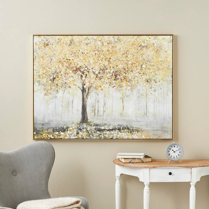 Canvas Landscape Paint Splatter Forest Framed Wall Art - Gold - Roche River Decor