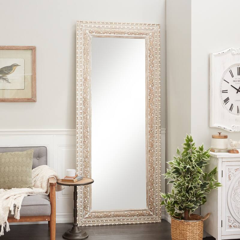 Mango Wood Floral Intricately Carved Wall Mirror - White - Roche River Decor - 2"W x 36"L x 84"H