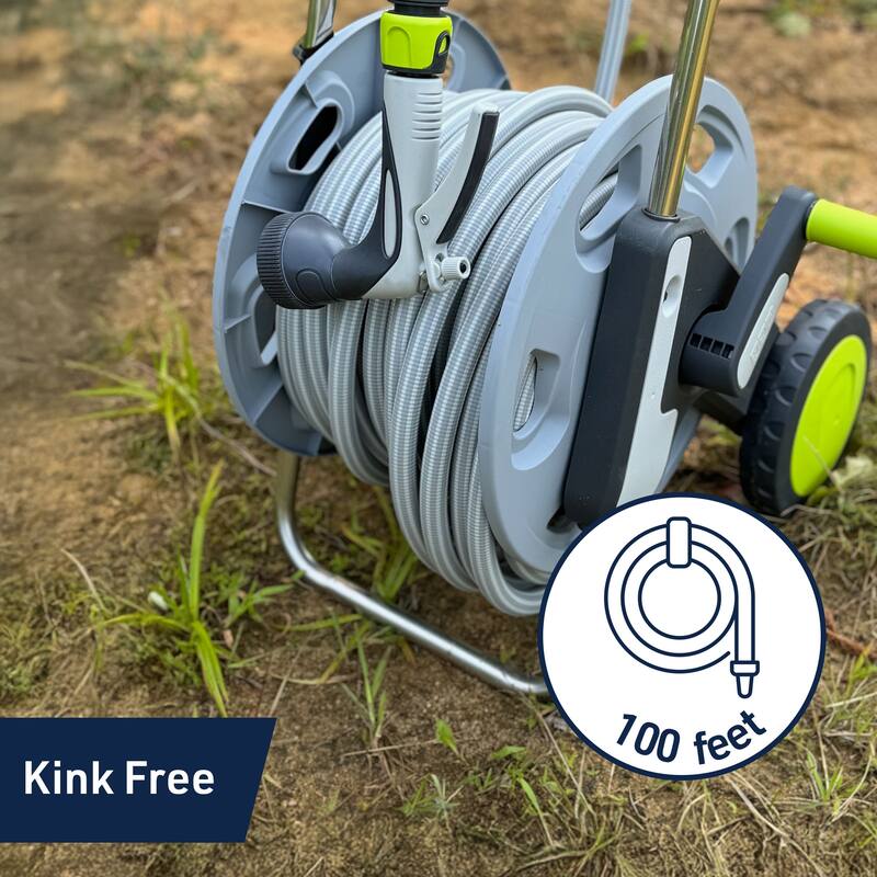 Kings County Tools Garden Hose Reel Cart with 100ft 5/8in Water Hose and Nozzle