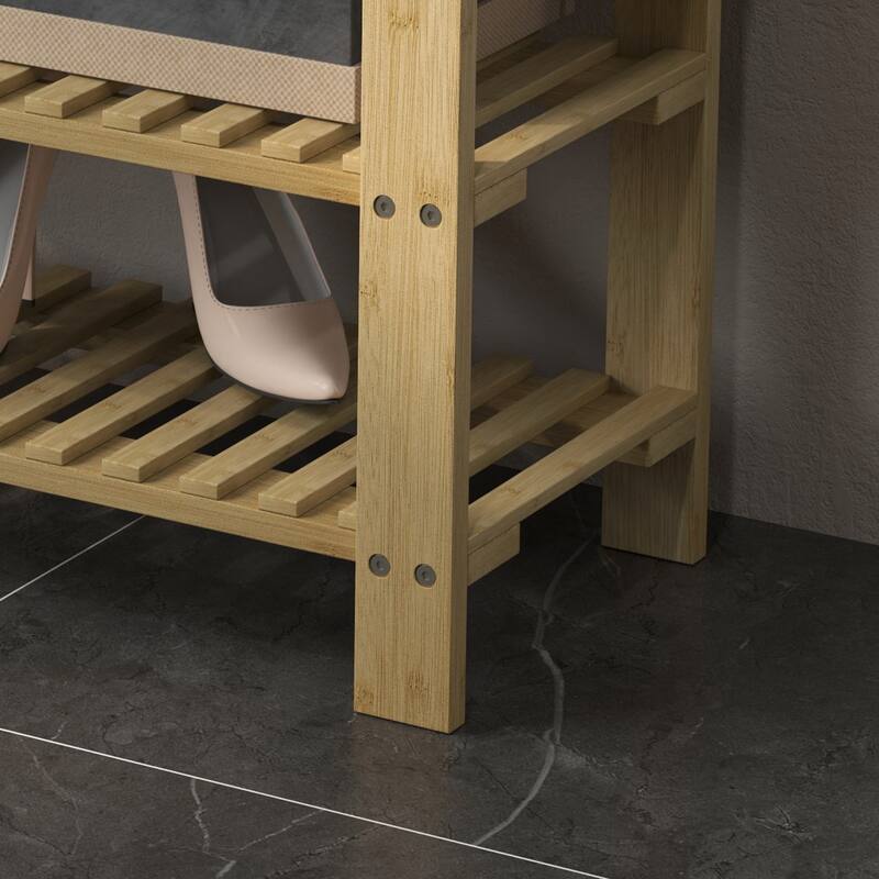 HOMCOM Bamboo Shoe Bench, 3-Tier Entryway Bench with Storage and Cushion, Shoe Organizer for Entryway, Hallway