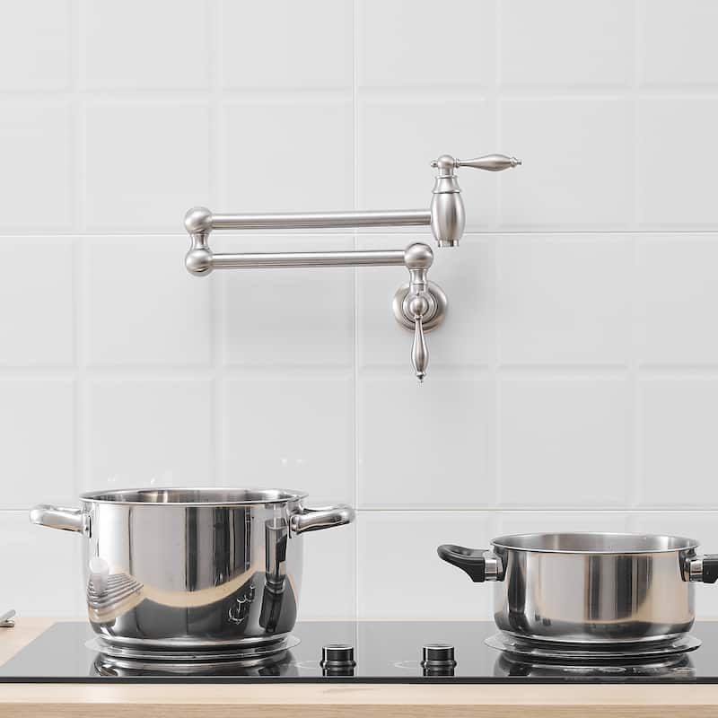 Wall-Mounted Pot Filler Faucet with Dual Handles and 25.2" Extension - Nikel