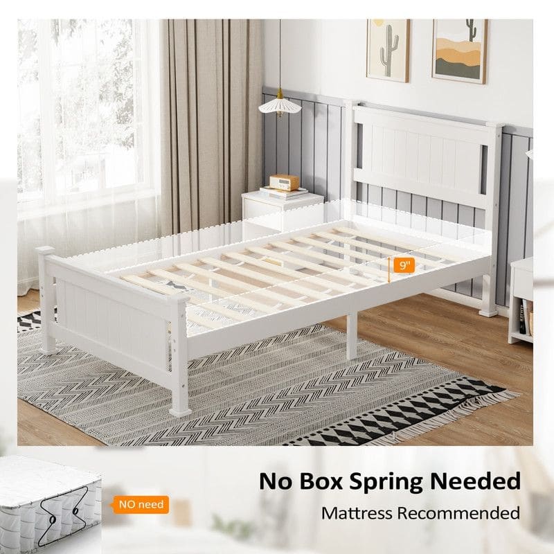 Wood Bed Frame Full Size Platform Bed with Headboard White