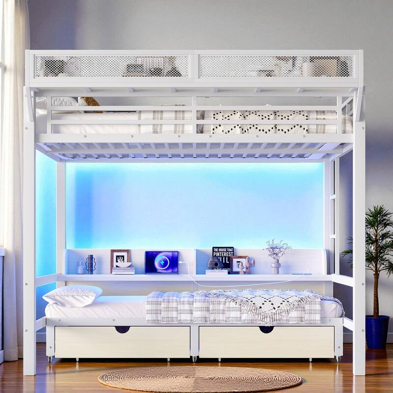Queen over Queen/Twin XL over Twin XL Metal Bunk Bed with Storage Shelves, Drawers, USB Ports & LED Lights - White - Queen