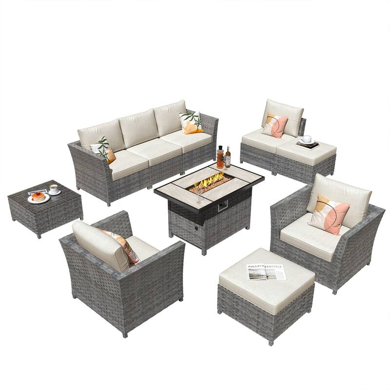 HOOOWOOO 10-piece Outdoor Furniture Rattan Sectional Set with Fire Pit Table.