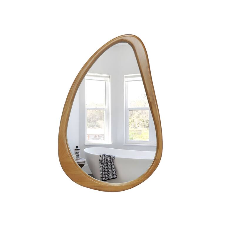 Modern Irregular Teardrop Wooden Wall Mirror - Mid-Century Home Decor for Bathroom, Bedroom - Natural Wood
