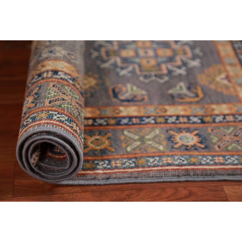 Gray Geometric Kazak Foyer Rug Handmade Wool Carpet - 2'8"x 4'0"