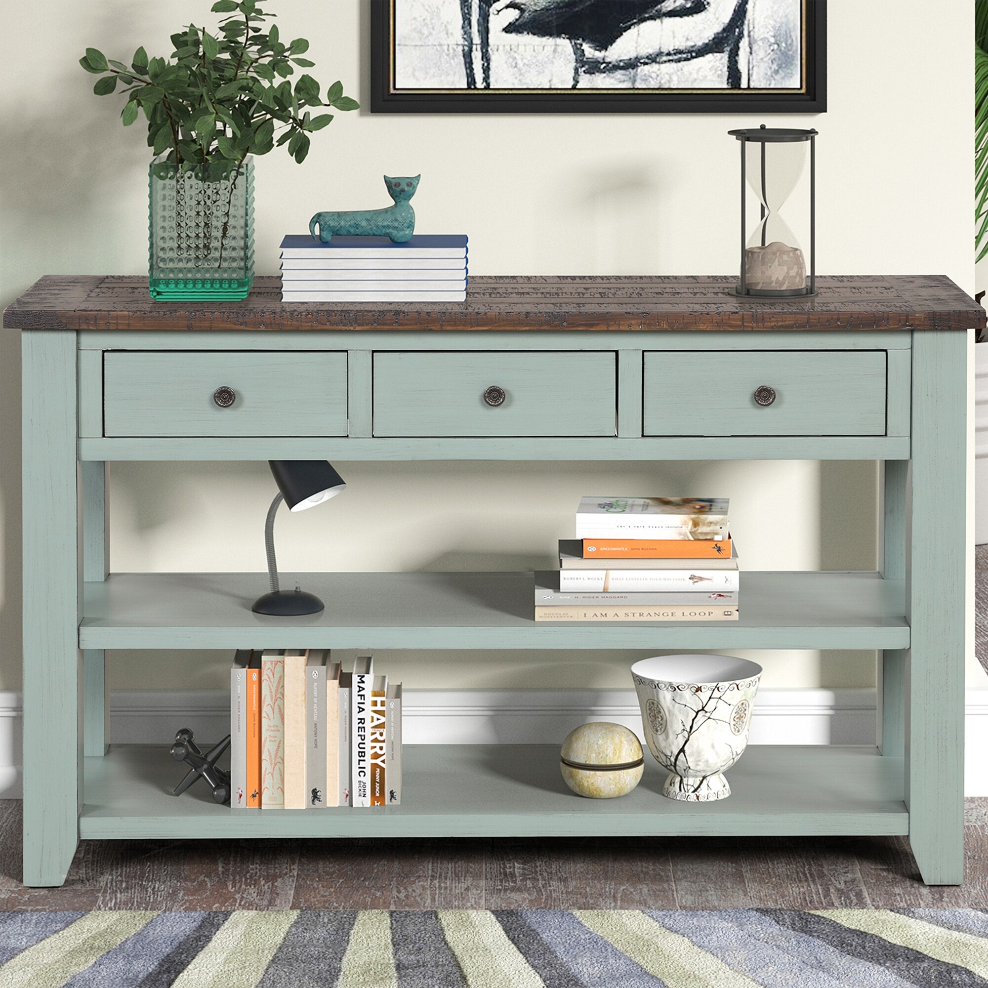 Wood and metal farmhouse sales distressed console table