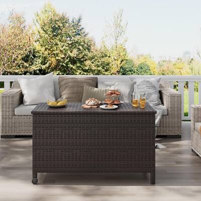 Rattan Deck Box, Outdoor Wicker Storage Box With Curved Handle & Universal Wheels