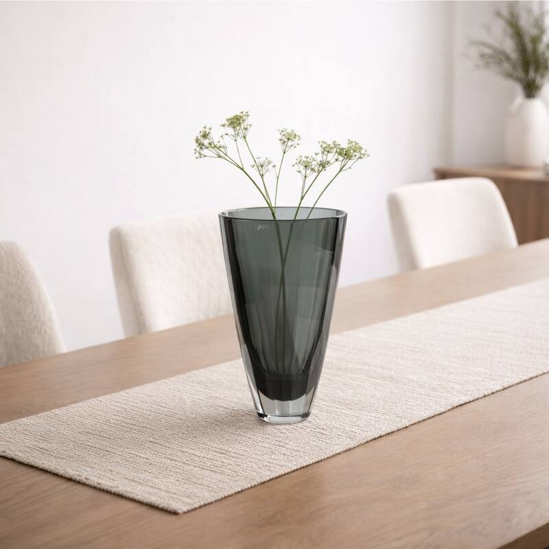 Large Fancy Cut Smoky Gray Glass Vase Modern Decorative Accent