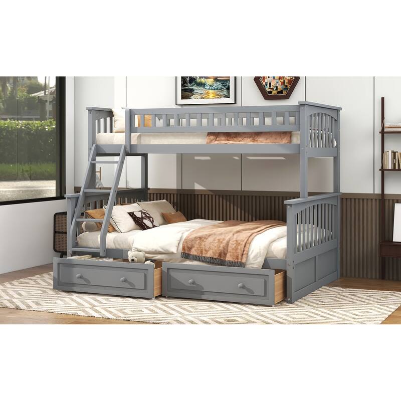Wooden Storage Bunk Bed Frame with Fence-shaped Guardrails and Pull-out Drawers, Convertible 2 Platform Beds, Detachable Design