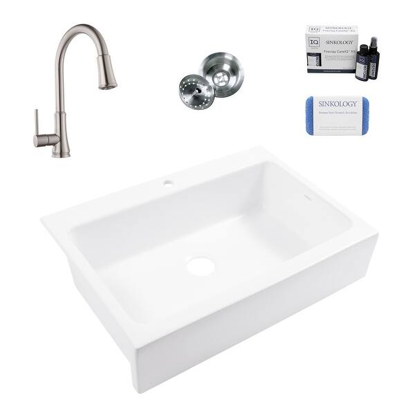 slide 2 of 10, Parker Crisp White Fireclay 34" Single Bowl Quick-Fit Farmhouse Apron Front Drop-in Kitchen Sink (1 Hole) with Faucet Kit